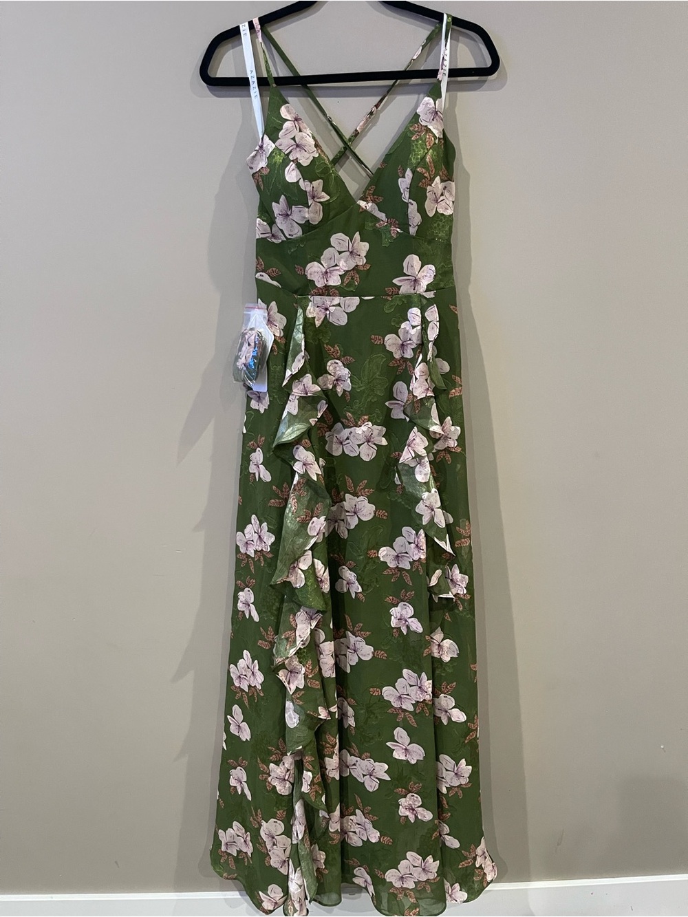 Azazie Green Maxi Dress with Pink Floral Print